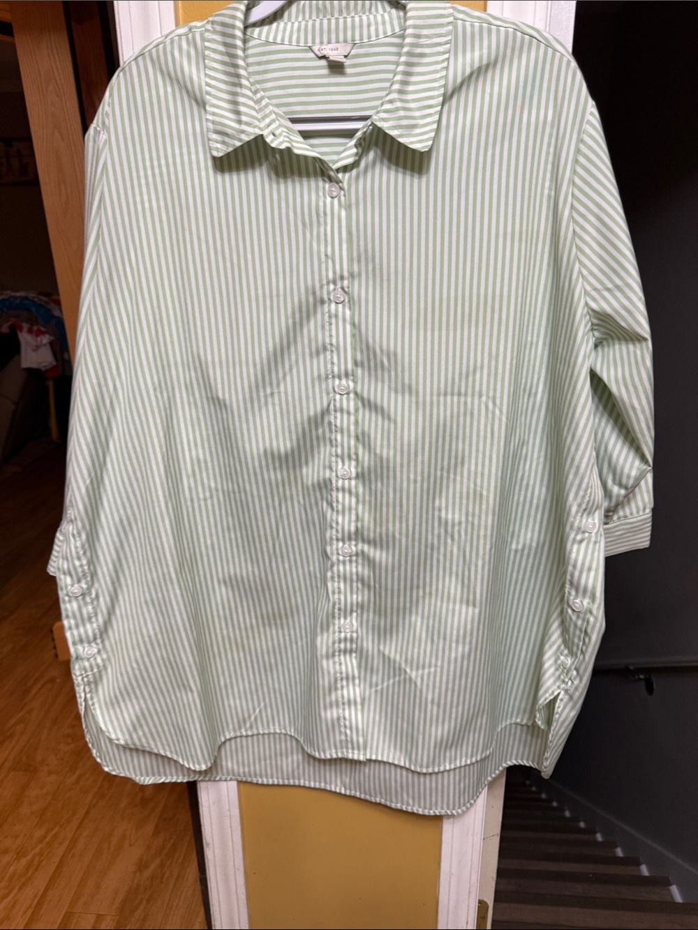 Cato 18W/20W Mint Green & White Striped Button-Front Roll Tab Blouse Plus Size